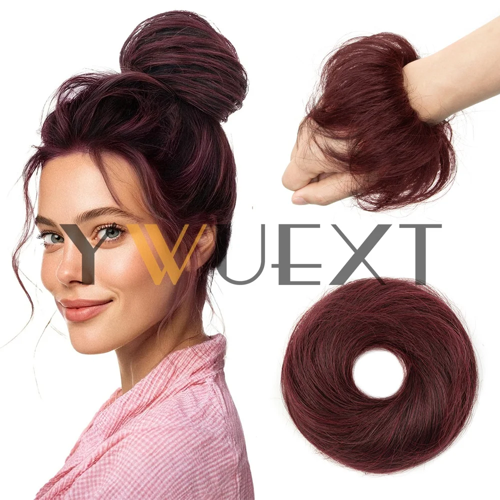 99J# Messy Hair Bun Hair Pieces Straight Scrunchie Updo with Elastic Rubber Band Extension Real Human Hair Ponytail Chignon Donut for Lady 11 Colors