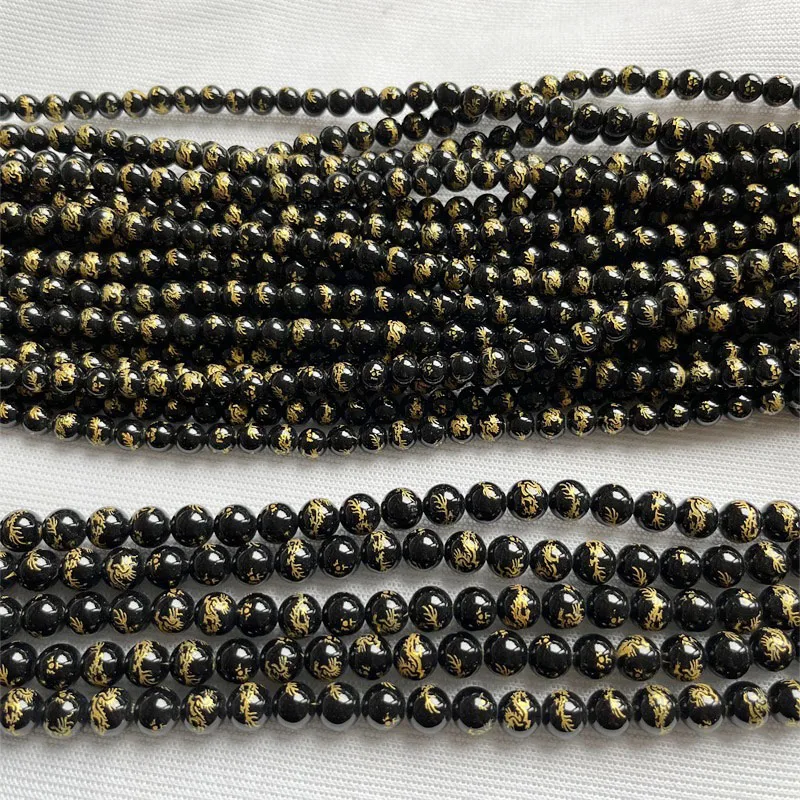 6MM 8MM Carved Loong Dragon Undye Organic Gem Black Agate Gemstone Minerals Healing Power Natural Stone Beads Jewelry DIY