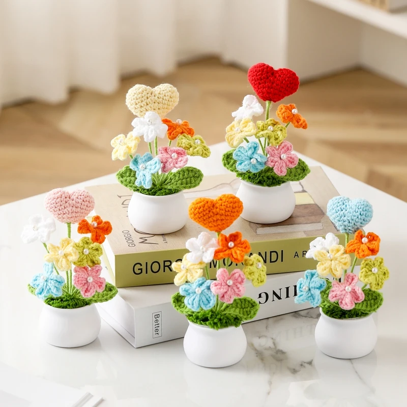 Crochet Potted Plants Flower Handmade Forget-me-not Wovening Flower Office Desktop Ornaments Car Automotive Interior Gifts