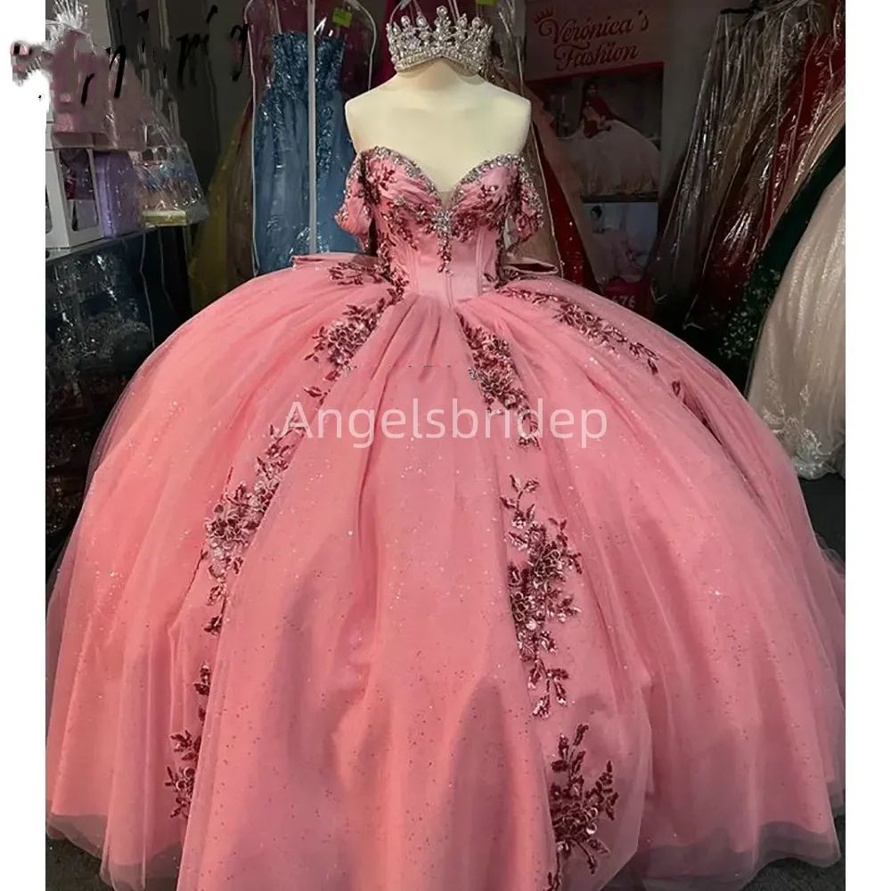 Angelsbridep ที่กําหนดเองสีชมพู Ball Gown Quinceanera ชุด 15 ปี Glitter Sequined Appliques Party Dress Robes De Soirée