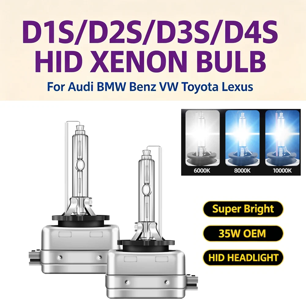 2 Bombillas HID D1S D2S D3S D4S Xenón para Faros Delanteros 4300K 5000K 6000K 8000K 10000K 12000K, Luz de 35W 12V para Automóvil, Súper Brillante