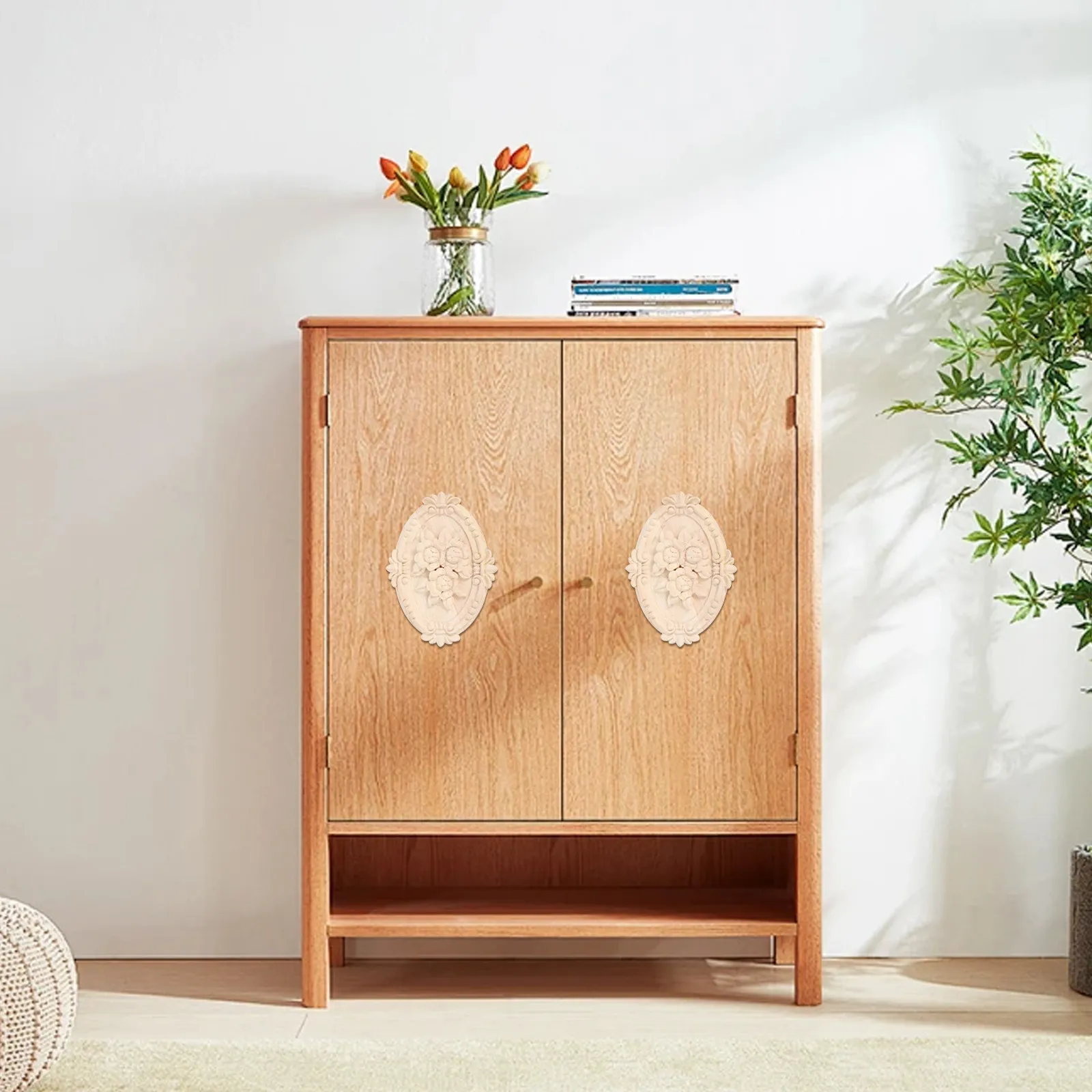 Wood Applique Rose Oval Carved Furniture Onlay for Cabinet Doors Floral Decorative Wooden Ornament