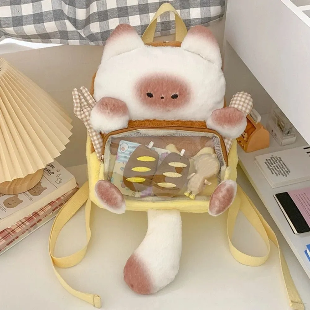 Mochila de Pelúcia de Gato Kawaii Transparente, Mochila de Gato Fluffy Itabag, Presente de Aniversário para Estudantes