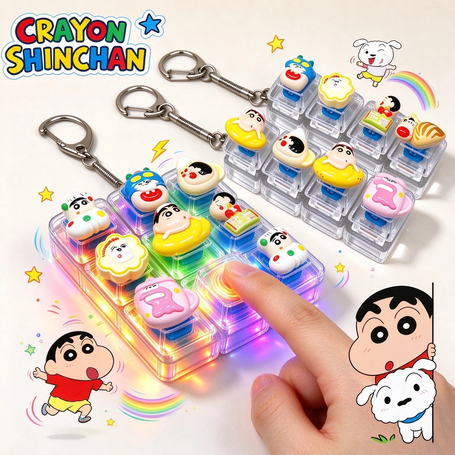 키캡 릭커 Crayon Shin-chan 26-Key Fidget Keychain Caps Clicker 4 Keys Light Up Pendant Cute Usagi Stress Relief Toy Bag Charm Gift
