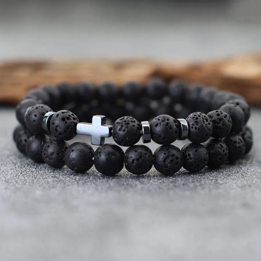 New 2Pcs Men Bracelet Set Natural Wenge Wooden Cross Braslet Prayer Hematite Healing Braclet Beaded Wrap Jewelry Accessories