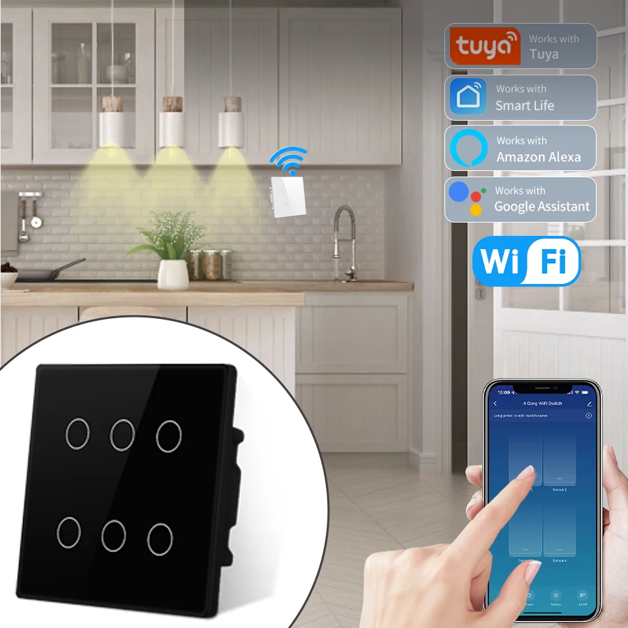 Brazil Standard WiFi Smart Switch 4x4 Size Tuya Smart Life Touch Sensor 4/6 Gang Light Control with Voice Assistance for Alexa G