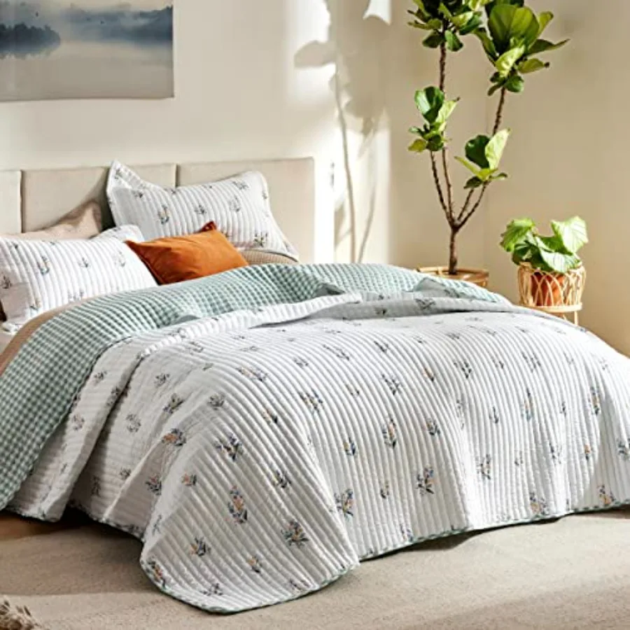 

Floral Quilt Queen Size - Reversible Botanical Floral Comforter Spring Lightweight Bedspread Quilted Bedding Soft Microfiber Co