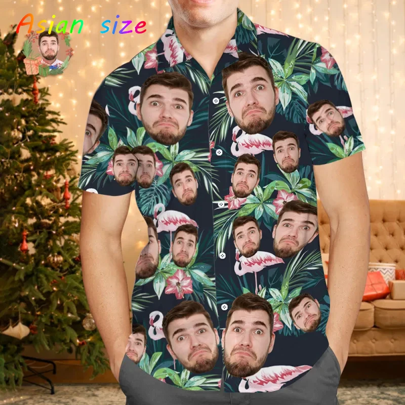 مخصص الوجه قميص هاواي صيفي للجنسين مضحك شخصية ثلاثية الأبعاد طباعة زر قمصان شجرة بلام قصيرة الأكمام التلبيب قمصان DIY البلوزات القمم