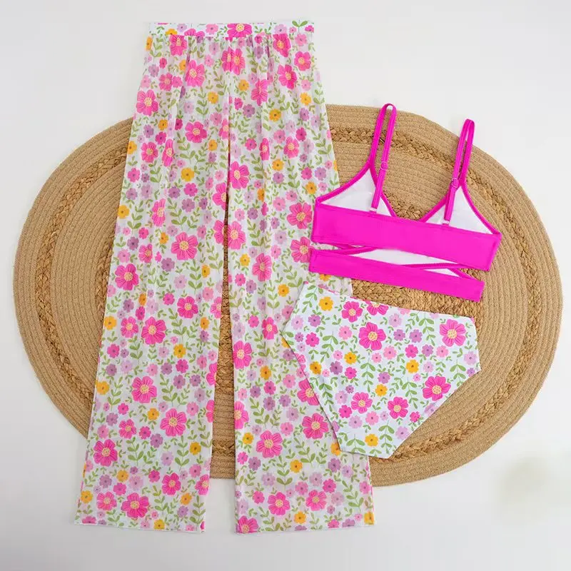 3 Pieces High Waist Bikini 2026 Girls Swimsuit & Beach Pant Swimwear Children Bathers Bathing Swimming Swim Suit Beachwear 8-12Y