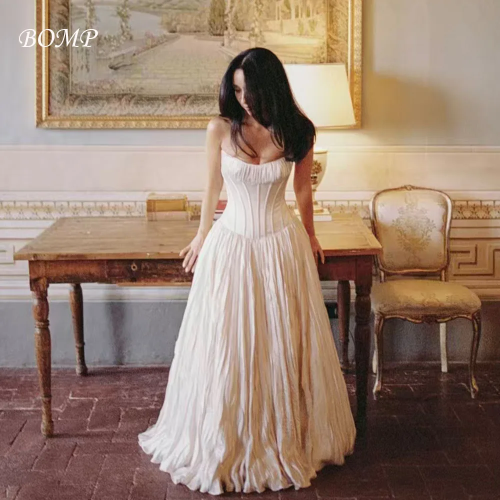 Suknia ślubna BOMP w stylu vintage, plisowana, bez ramiączek, drapowana, o kroju litery A, do ziemi, z satyny w kolorze kości słoniowej, szyta na miarę, Vestido de novia