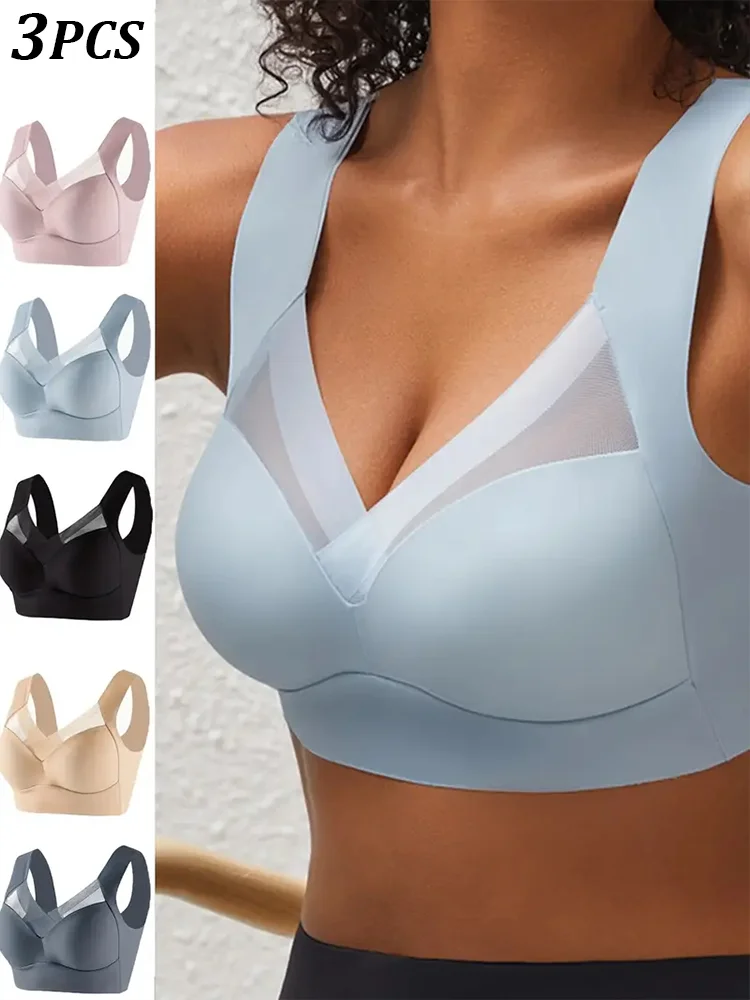 3Pcs Women Sport Bras Plus Size Seamless Lace Bra Bralette Backless Lady Brassiere Vest Female Gathers Shock-Proof Wireless Top