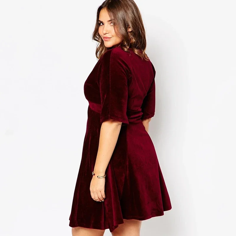 Plus Size Half Raglan Sleeve Elegant Velvet Dress Women V-neck Fit Flare A-line Party Dress High Waist Casual Spring Dress 6XL