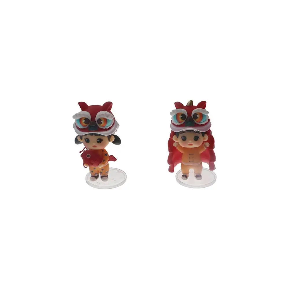 Boy and Girl Lion Dance Doll Chinese Style Chinese New Year Lion Dance Boy Statue Red Lion Dance Ornaments Hone Decoration