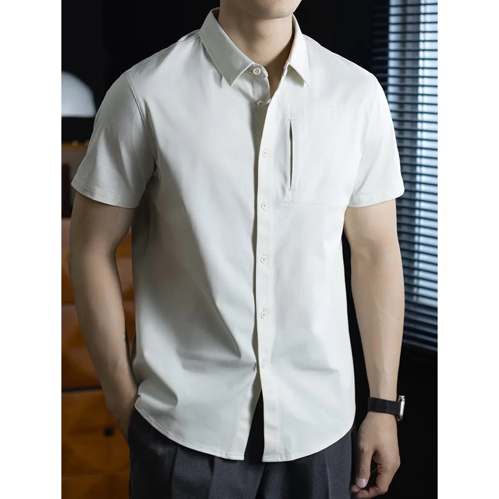 High Elastic Fabric Skin-friendly Shirt Men Summer Cool Breathable Short Sleeve Business Casual Shirt Commuter Tops