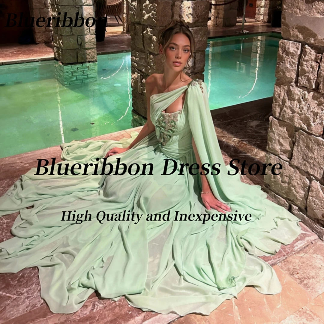Blueribbon Keyhole één schouder galajurken op maat gemaakte kralen Robe Des Soiree lange ruches chiffon verjaardagsfeestje avondjurk
