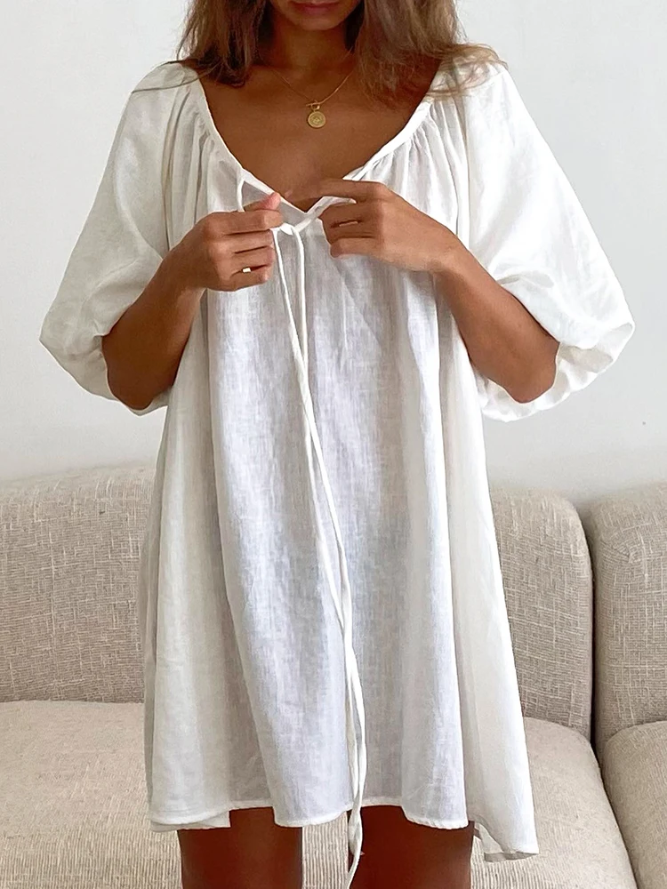 Linad-vestido de noche holgado para mujer, ropa de dormir blanca de manga corta con cuello en V, vestidos de algodón sólidos para mujer, pijamas informales de verano 2024