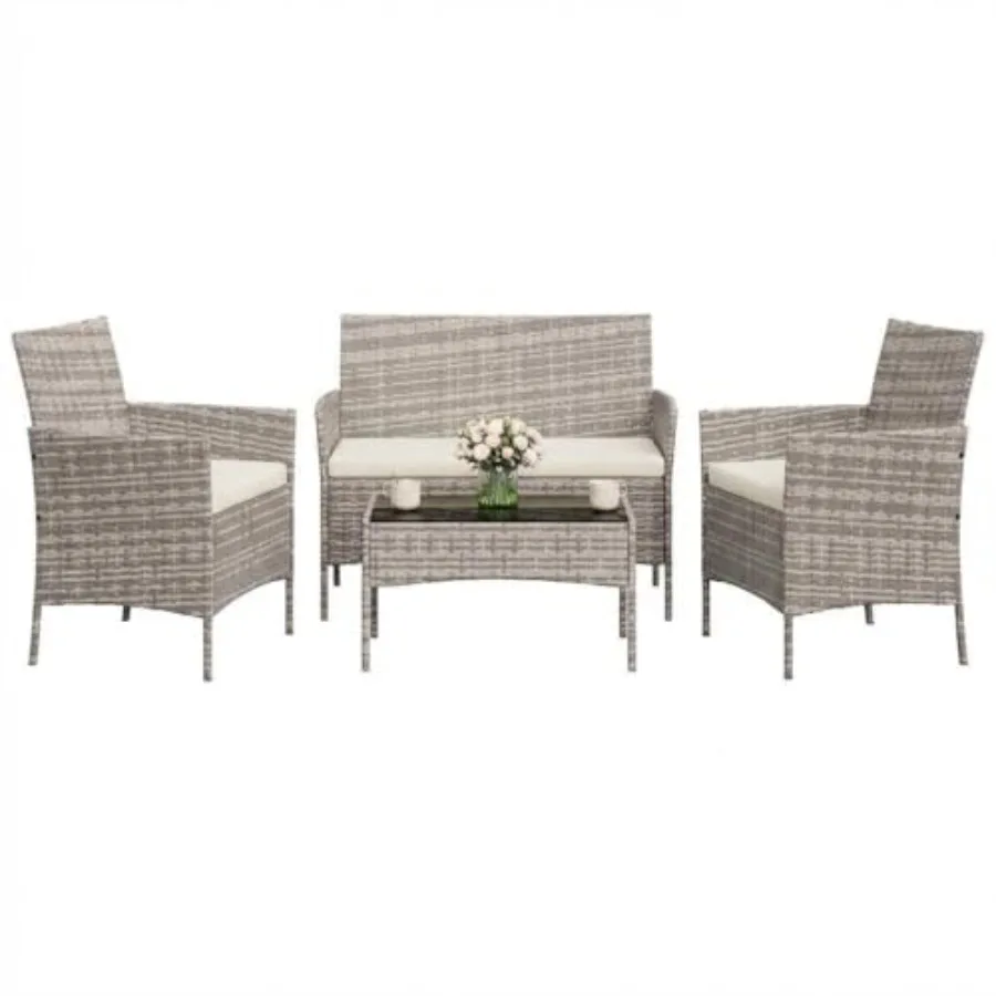 4-Piece Patio Bistro Set Outdoor Furniture Wicker Rattan Sofa with 2 Chairs Coffee Table Cushioned Conversation Set for Garden