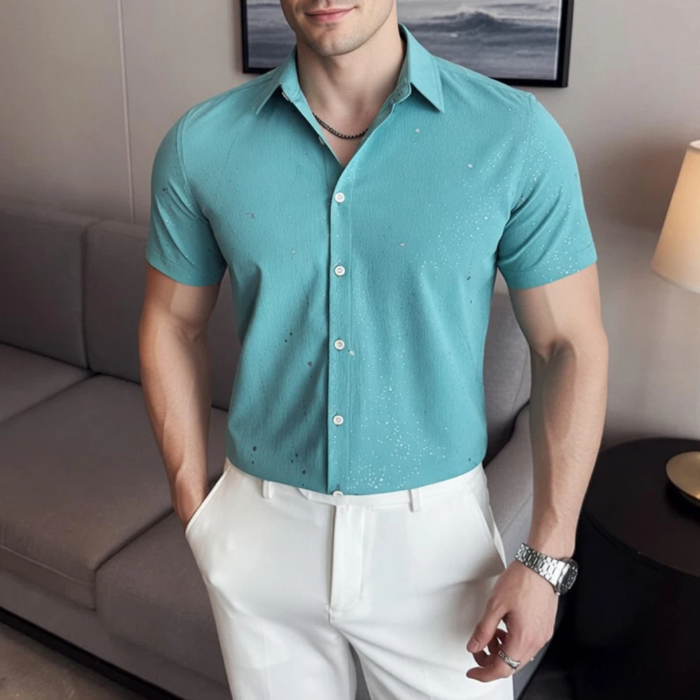 

Luxury Star Silver Stamping Camisas De Hombre Summer Fashion Short Sleeved Men's Shirts High Quality Button Up Slim Blouse Men