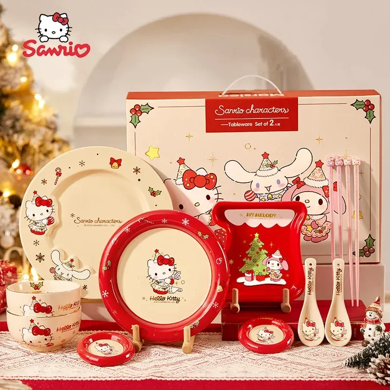 Sanrio Christmas Series Ceramics Tableware Household Bowl Dish Spoon Plate Cartoon Cute Hello Kitty Tableware Christmas Gifts