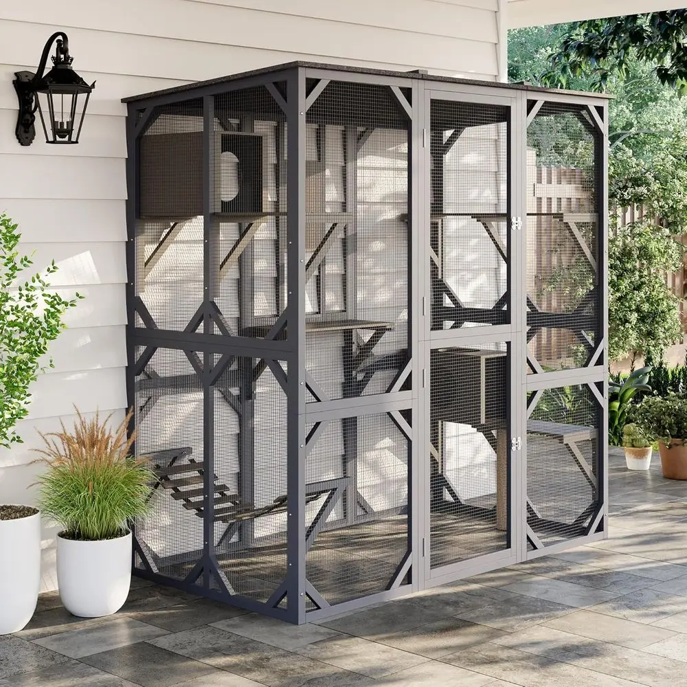 

Корпус для кошек на открытом воздухе с окном, водонепроницаемая катание на крыше с мостом и когтеточкой, открытый патио, манеж для кошек