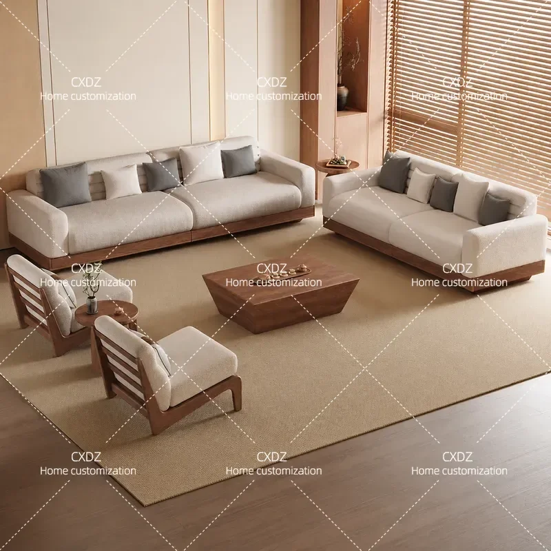 New Chinese Style Solid Wood Sofa 5 Seater Living Room Soft Upholstered Leisure Couch Light Luxury Zen Fabric Furniture Set
