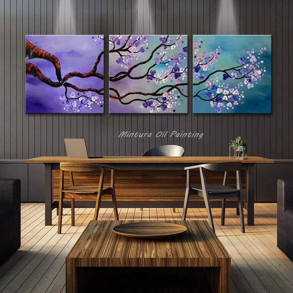 Mintur 3Pcs 100% Handpainted Tree Flower Oil Painting On Canvas,Modern Abstract Wall Art Picture For Living Room Home Decoration