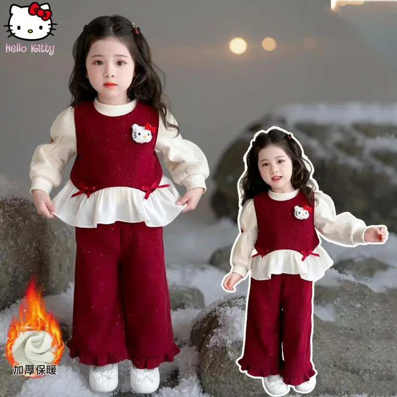 

Утолщенный Kawaii котенок с бантом для девочек, жилет, нижняя рубашка, прямые брюки, костюм с героями мультфильмов, осень-зима, новый теплый комплект из трех предметов в стиле аниме