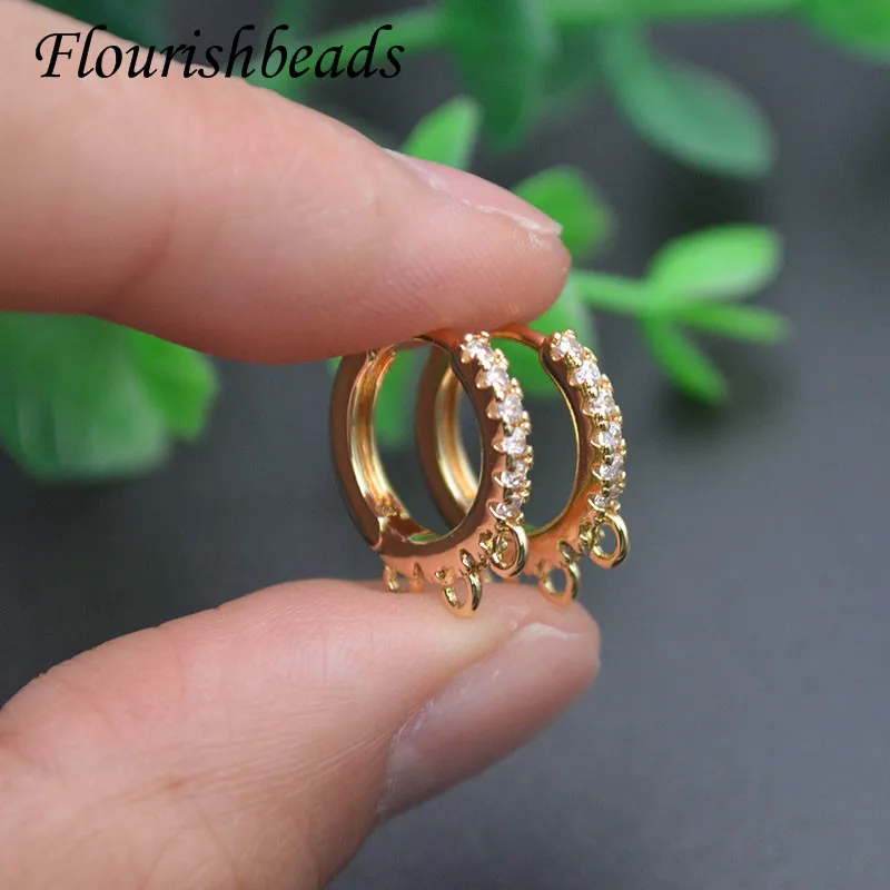 Gold Color Paved CZ Beads Nickel Free 3 Hole Round Earring Hooks Clasp DIY Accessories for Jewelry Making 30-50pcs/lot