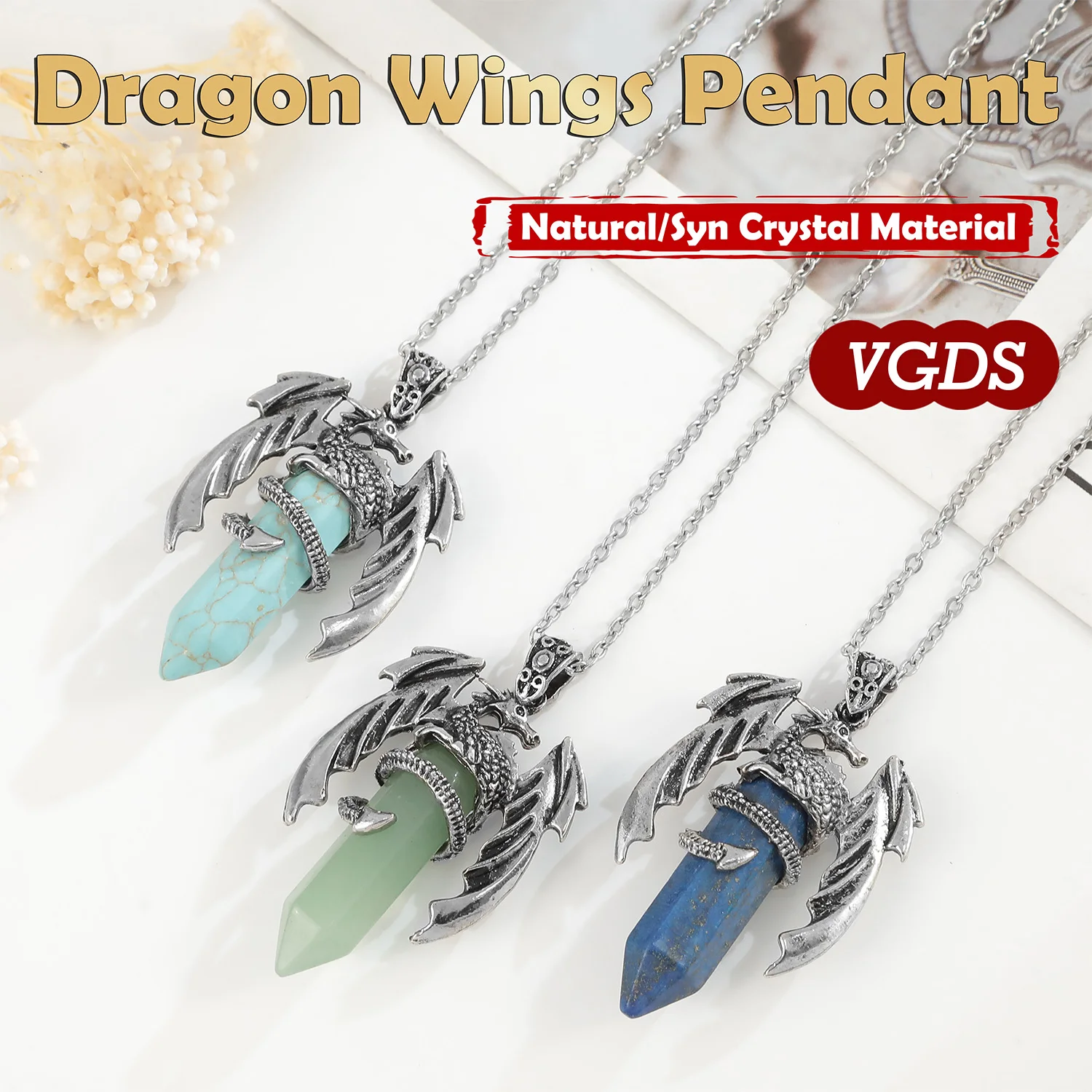 

Popular natural crystal gemstone healing crystal hexagonal pillar dragon wing pendant retro exaggerated neutral jewelry necklace