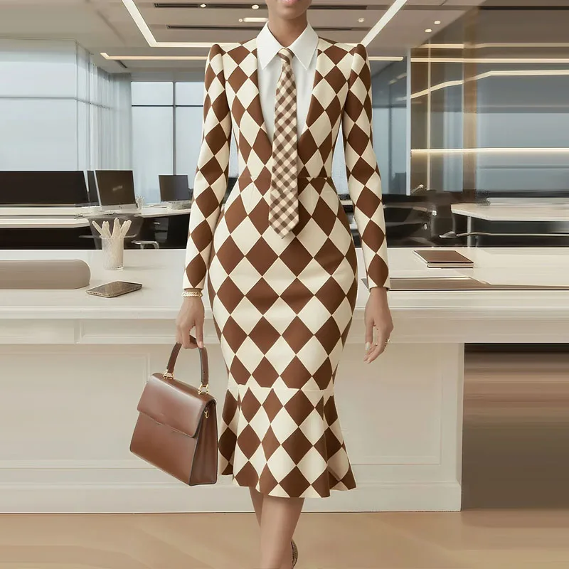 الخريف عادية كم طويل سليم فستان الحفلات أنيقة التلبيب طوق المرأة فستان طويل موضة شعرية طباعة التنقل فستان ذيل السمكة #4