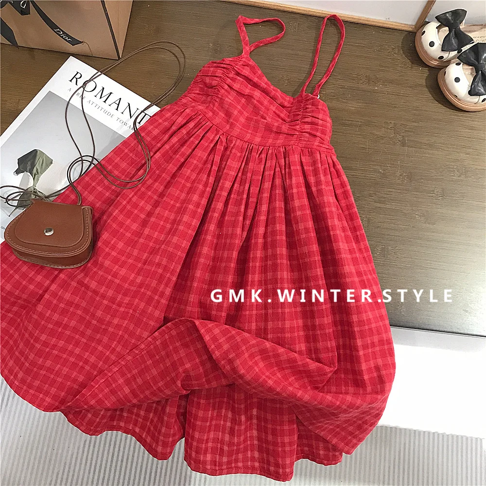 Girls Dress New Summer Vacation Kids Princess Dress Vintage Plaid Girls Baby Vest Sundress Fashion