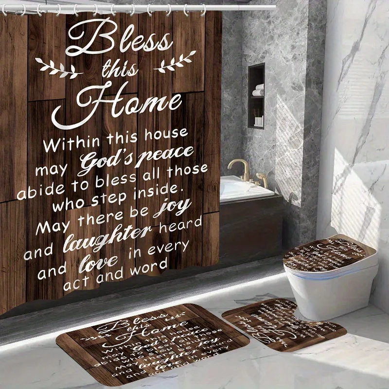 防水バスルームデコレーションセット,シャワーカーテン,便座カバー,バスルームマット,滑り止めラグ,ポリエステル,ゴッドホーム,1個,4個