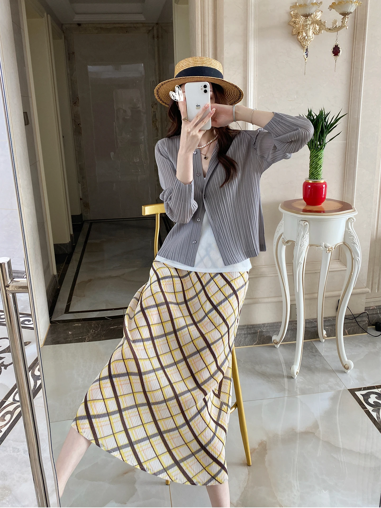 

Retro Plaid Pleated High Waist Skirt Set Women's Spring Summer Two Piece Set Ele Luxury Feel Skirt And Top Ensemble