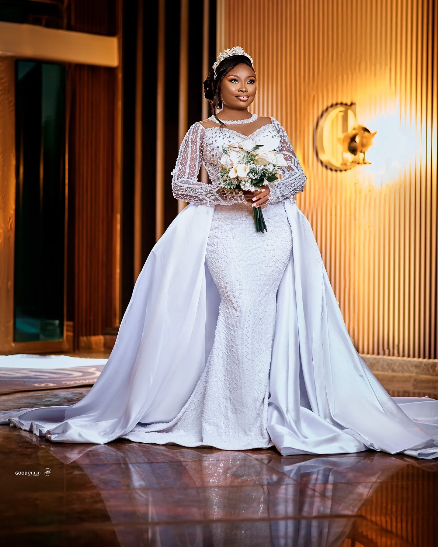 

Customized High Collar Shinny Crystals Beads Mermaid Wedding Dress with Removable Skirt Long Sleeves Corset Back Bridal Gowns