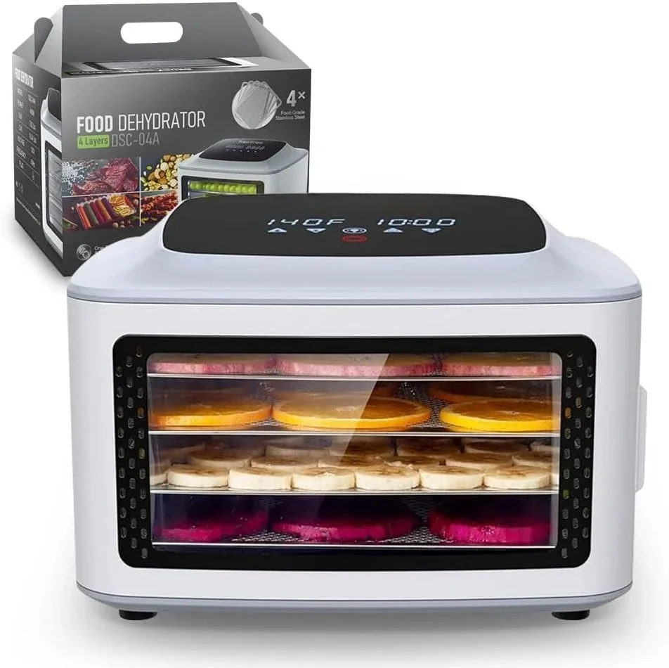 

Compact Food Dehydrator, 4 Stainless Steel Trays Fresh Dryer Machine for Jerky Herbs Fruit Veggies Snacks, with Digital Timer