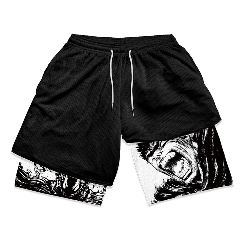 Y2K Compression Shorts Skull Print 2 in 1 Gym Shorts for Men Active Athletic 5 Inch Quick Dry Stretchy Training Fitness Workout