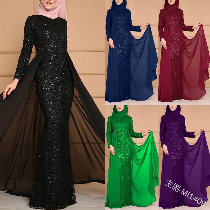 

Gown Dress Women Floor Length Long Dresses Sequin Party Wedding Full Sleeve Round Neck Muslim Slim Maxi Elegant Splice Vestidos