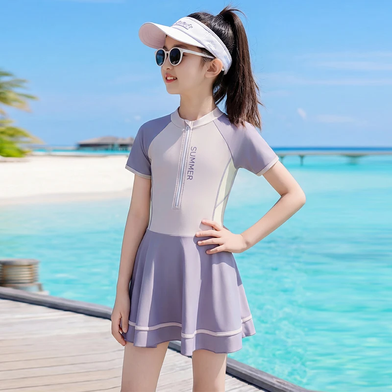 Teen Girl Swimwear Skirted One-Piece Swimsuit Short Sleeve Swimdress Children Boyshort Quick Dry Bathing Suit Girls Beach Pool