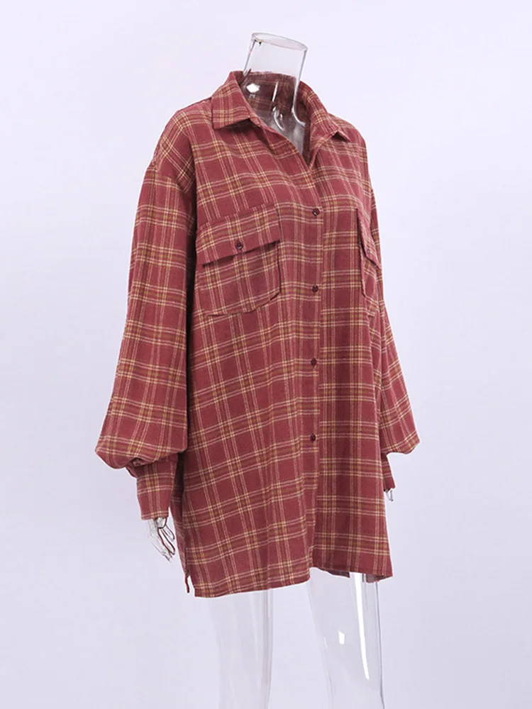 2022 Autumn Winter Women Vintage Thick Long Sleeve Ladies Tops Loose Fit Oversized Plaid Blouse Shirt For Women