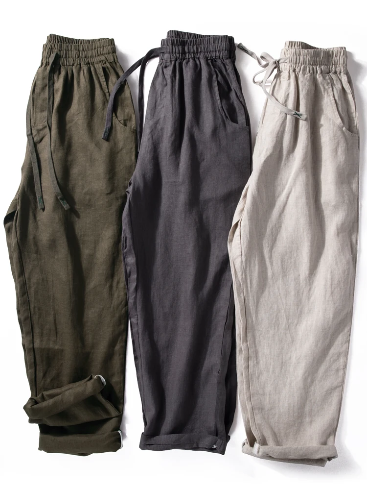

Lightweight Loose Men's Casual Pants Breathable Comfortable Straight Leg Pure Linen Summer Trousers Soft Skin-Friendly