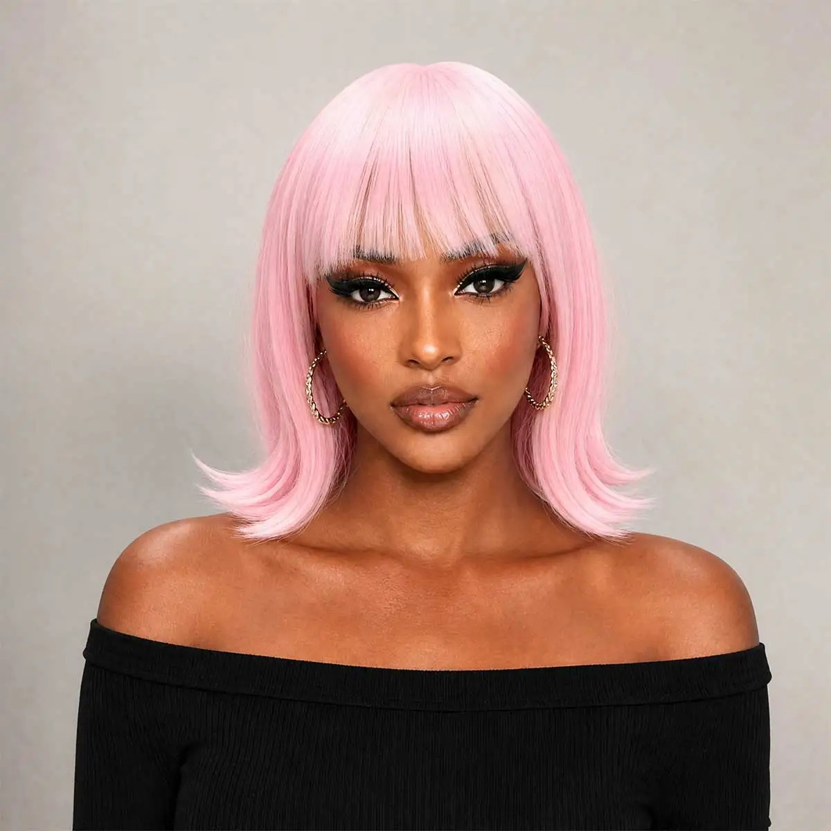 Pastel Pink Flip‑Out Bob Wig with Bangs for Women, Heat‑Resistant Synthetic Glueless Wig Cosplay Party Daily Fashion Wig