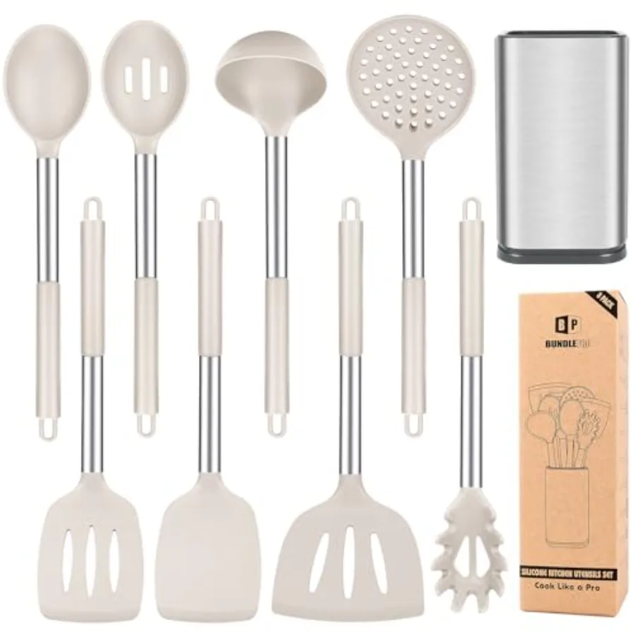 

Silicone Cooking Utensil Set, 8Pcs Non-stick Cookwares with Stainl Steel Handle, BPA Free Heat Resistant Kitchen Tools with Spa