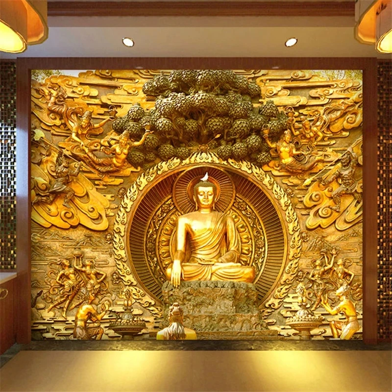 Custom 3D Golden Buddha Statue Buddhist Temple Mural Restaurant Self Adhesive Wallpaper Living room sofa TV background bedroom