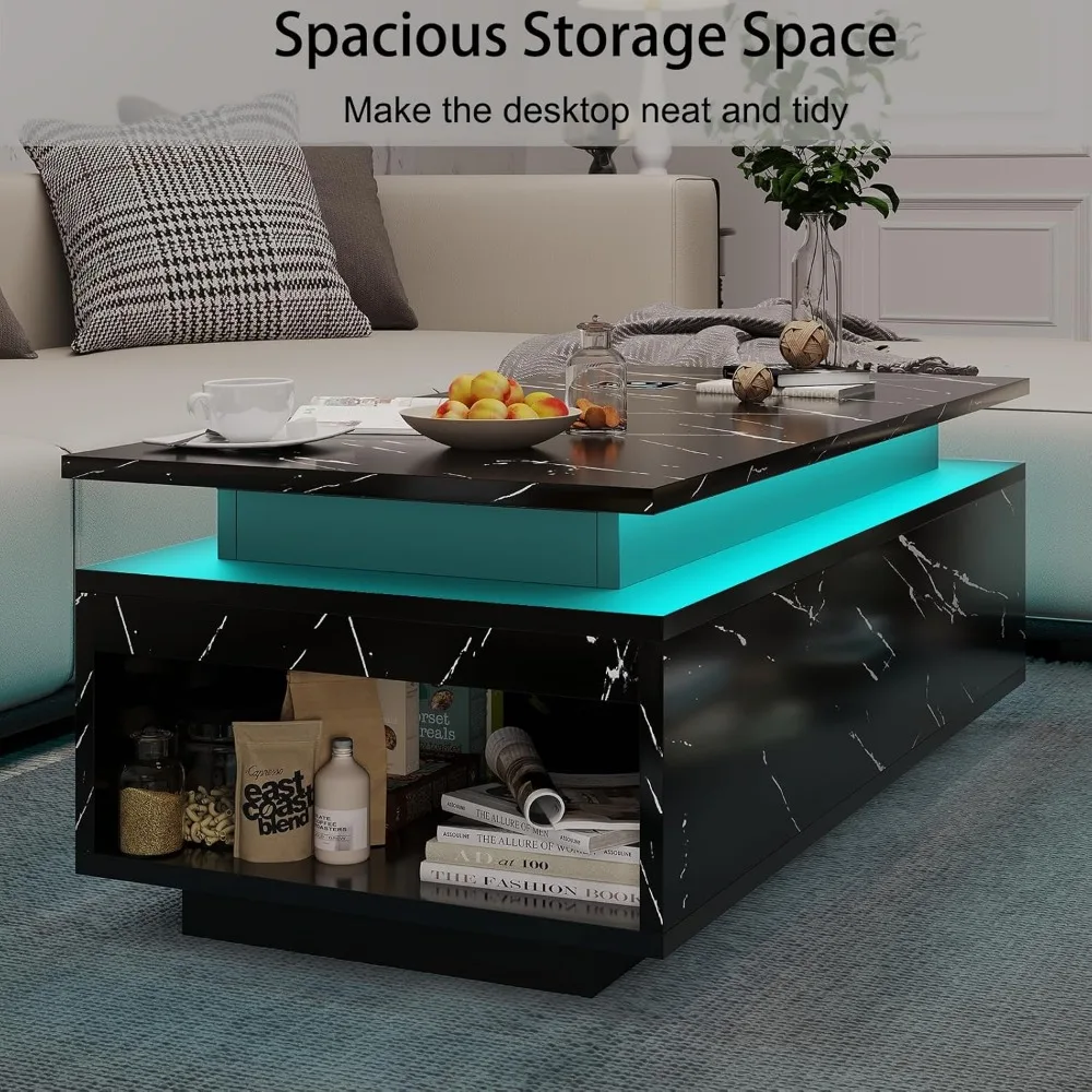 LED Coffee Table with Storage, Black Coffee Table with Wireless Charging and Speaker, High Glossy Modern Center Table with 24 Co