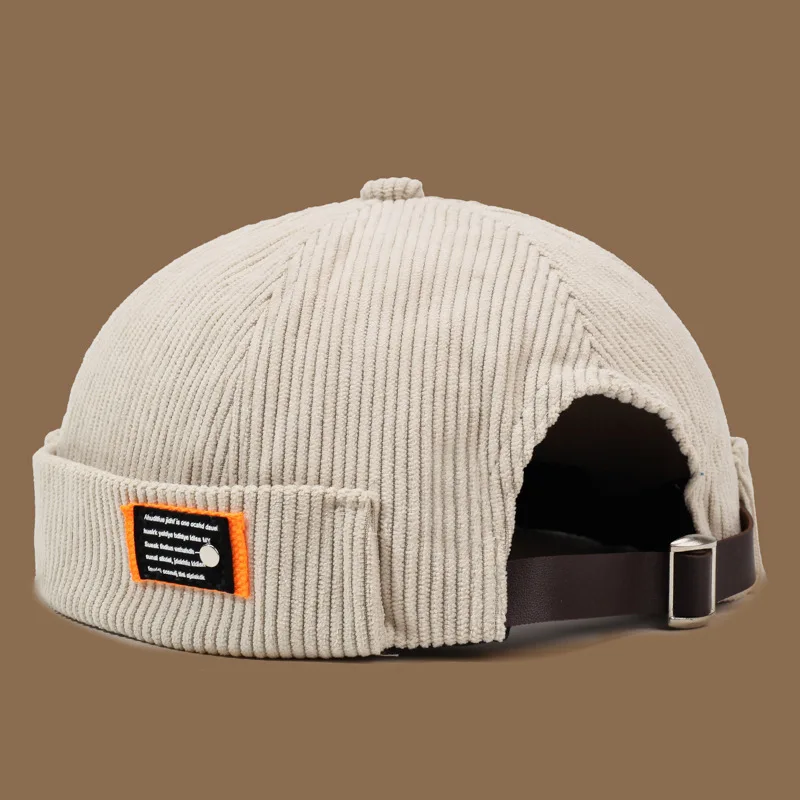 Kernstil: Cord-Label-Mütze für Frühling, Herbst und Winter – stilvolle Retro-Hip-Hop-Schädeldecke aus einfarbigem, gestreiftem Samt – Detail 9