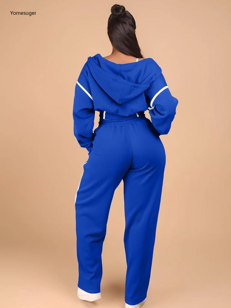 Yomesugar Casualowy Zestaw Polarowy 3-częściowy Damski Kontrastowy Komplet z Wstawkami: Top na Ramiączkach + Kurtka z Kapturem z Długim Rękawem + Spodnie ze Sznurkiem, Dres