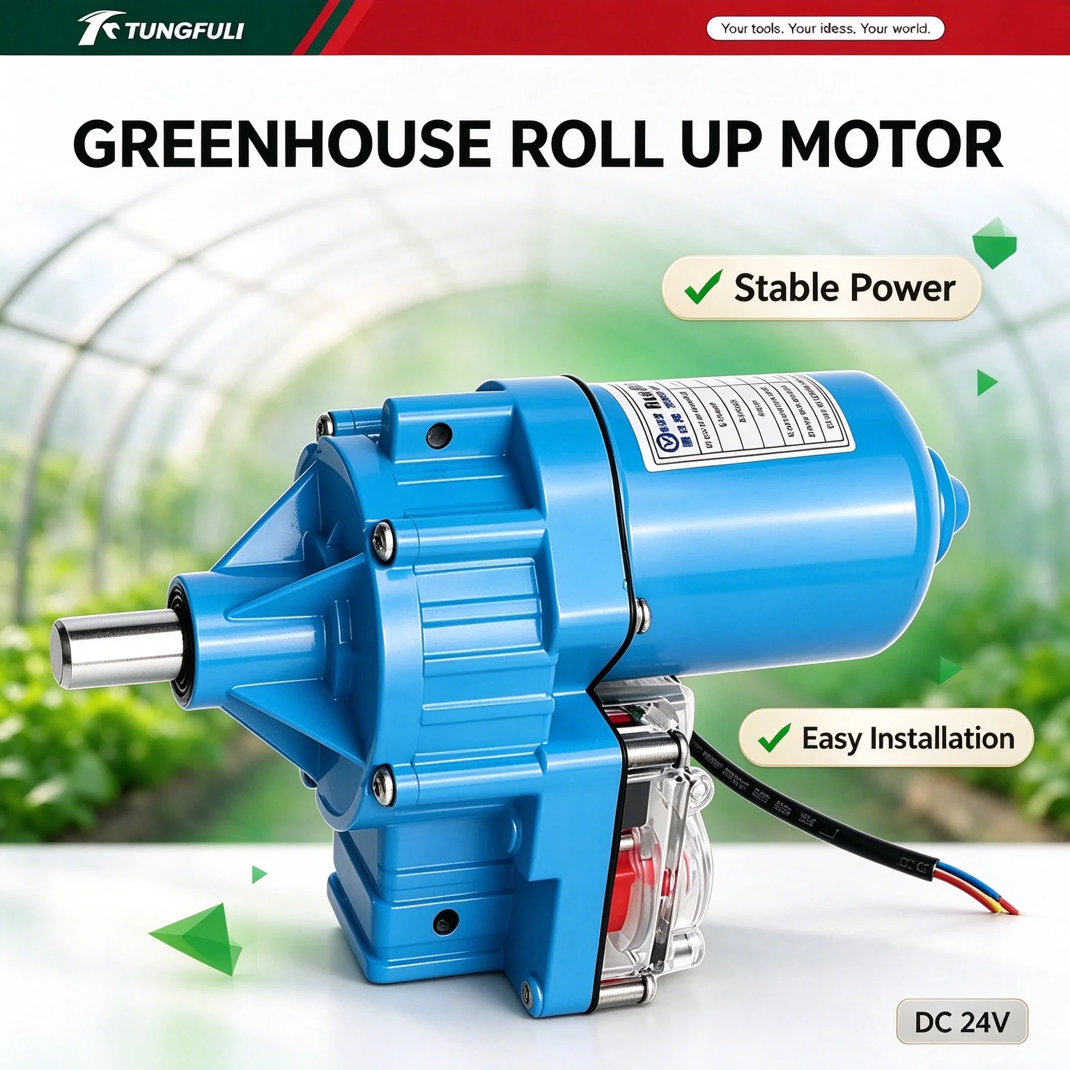 DC 24V Gewächshaus-Rollmotor, Elektrischer Gewächshausfolien-Wickelgetriebemotor, Stabiler Leistungs-Automatikmotor zum Öffnen von Lüftungsfenstern für landwirtschaftliche Gewächshäuser und