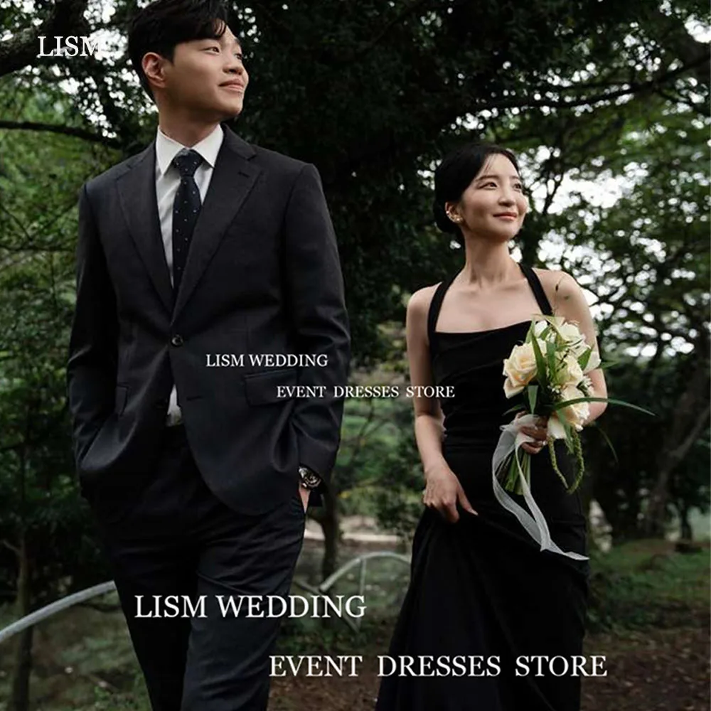 

LISM Simple Black Evening Dress Korea Photo Shoot Matte Satin Halter Wedding Party Dresses Floor Length Prom Gown