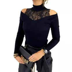 Women's S-2XL size new autumn and winter fashion lace patchwork off shoulder long sleeved bottom top blouse women