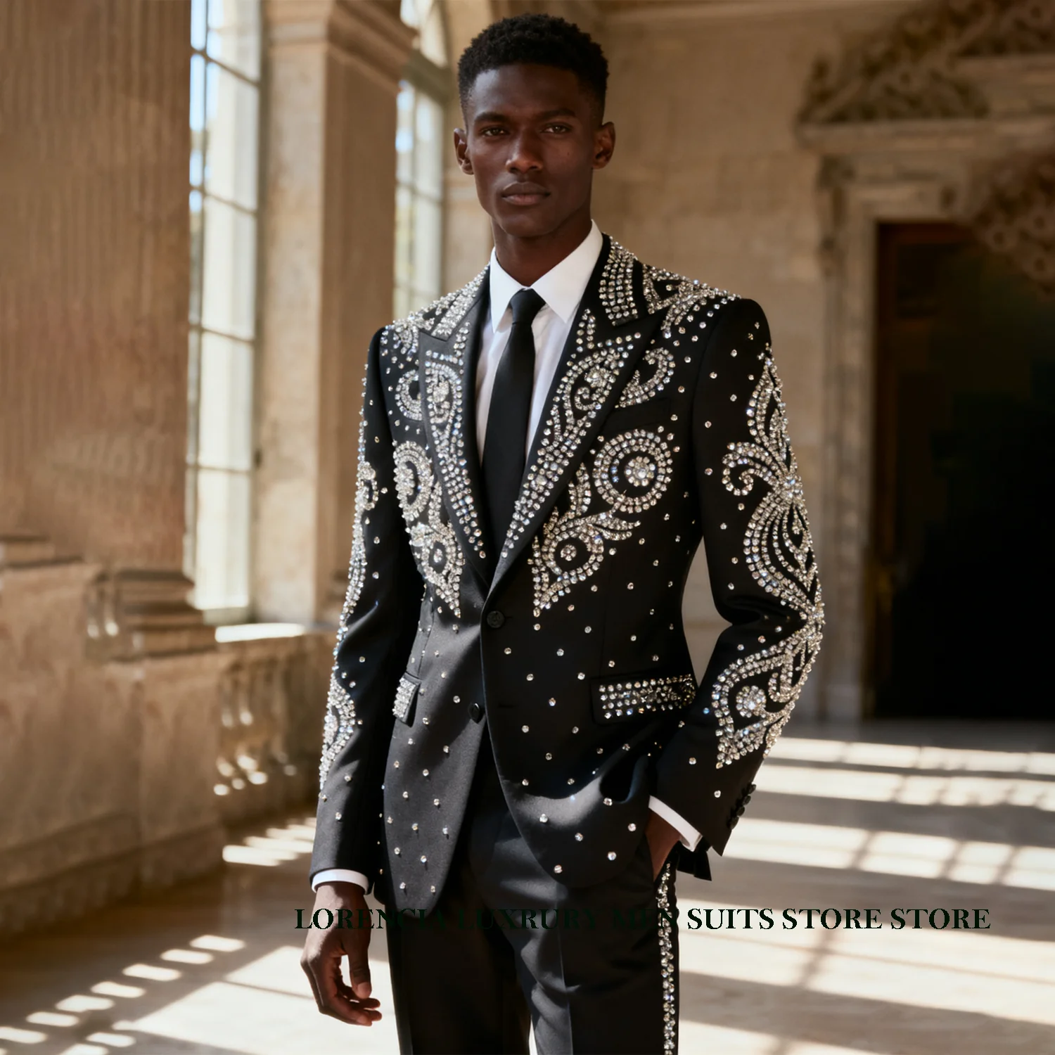 

Customized Luxury Diamond Embellished Men Suits 2 Pieces Sets Male Party Prom Blazers Peaked Lapel Groom Tuxedos Ropa Hombre